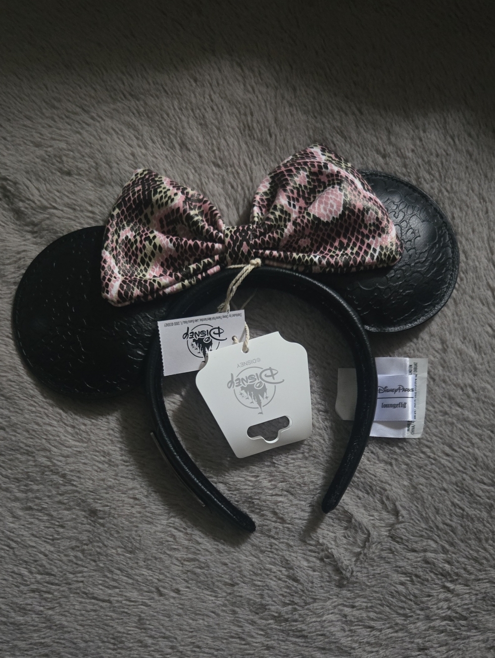 DISNEY Loungefly Black Minnie Ear Headband with Pink Snake-Print Bow
